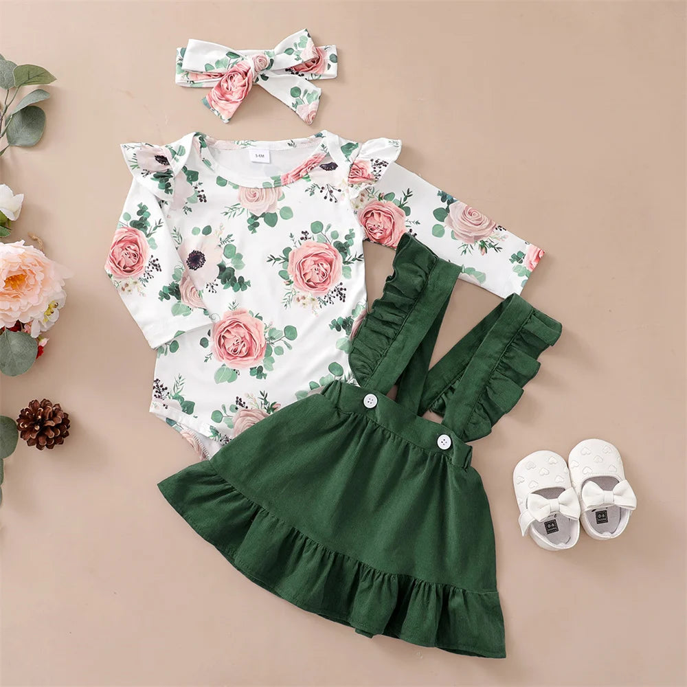 Baby Girl 3PCS Clothes Set Floral Long Sleeve Top Dress Autumn Outfit