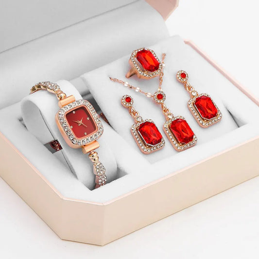 5PCS Set Luxury Square Watch Women Ring Necklace Earring No Box Included