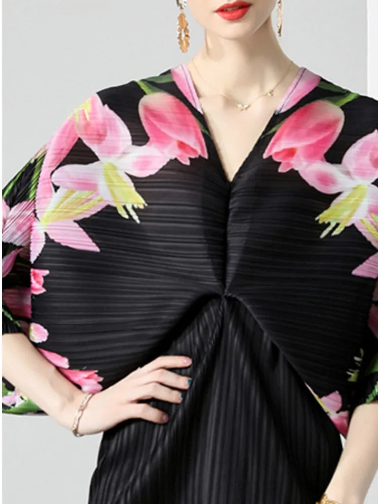 GVUW Pleated Dress For Women V-neck Print Flowers Batwing Sleeve Loose 2023 Summer Female Fashion Elegant New Clothing 17J1364