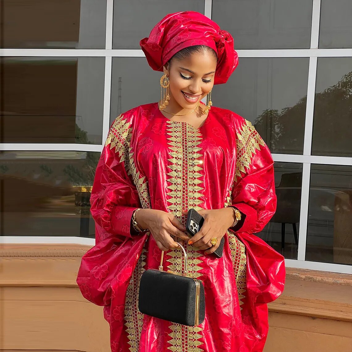 Red Boubou Wedding Dashiki With Gold Embroidery Gown-abaya-Top Super Deals-Free Item Online
