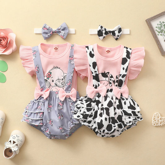 Infant Baby Girls Three Pieces Clothes Outfit, Round Neck Fly Sleeve Tops + Milk Cow Printed Suspender Shorts + Headband