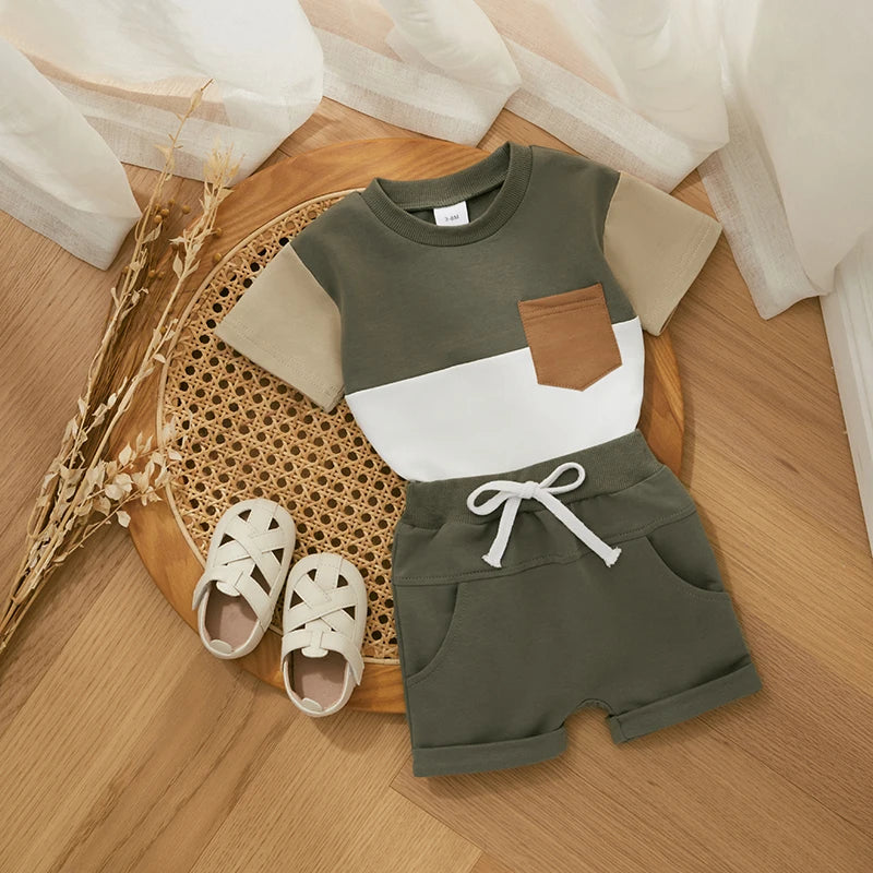 Fashion Summer Baby Boys Clothes Set Short Sleeve Pocket Contrast Color T-shirt + Elastic Waist Shorts 2PCS Kids infant Outfits