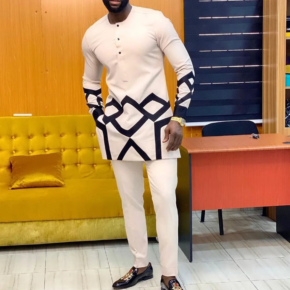 Men's Elegant Long Sleeve Suit Shirt Pants 2-piece Solid Color Party Long Sleeve African Ethnic Style-men suit-Top Super Deals-As Picture 22-M-Free Item Online