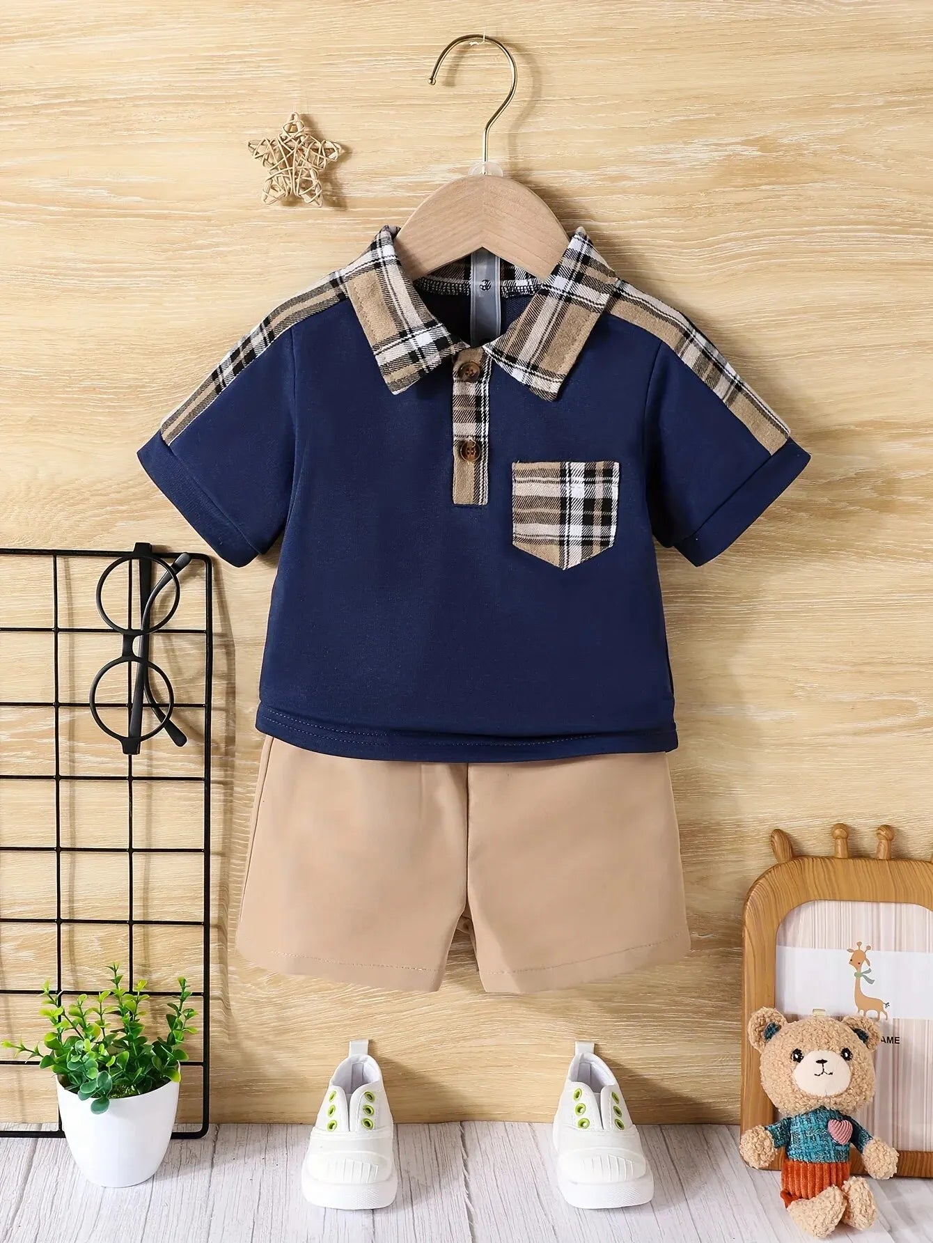 School Plaid Collared Short Sleeve Top and Pant-Top Super Deals-6-9M-Navy Blue-Free Item Online