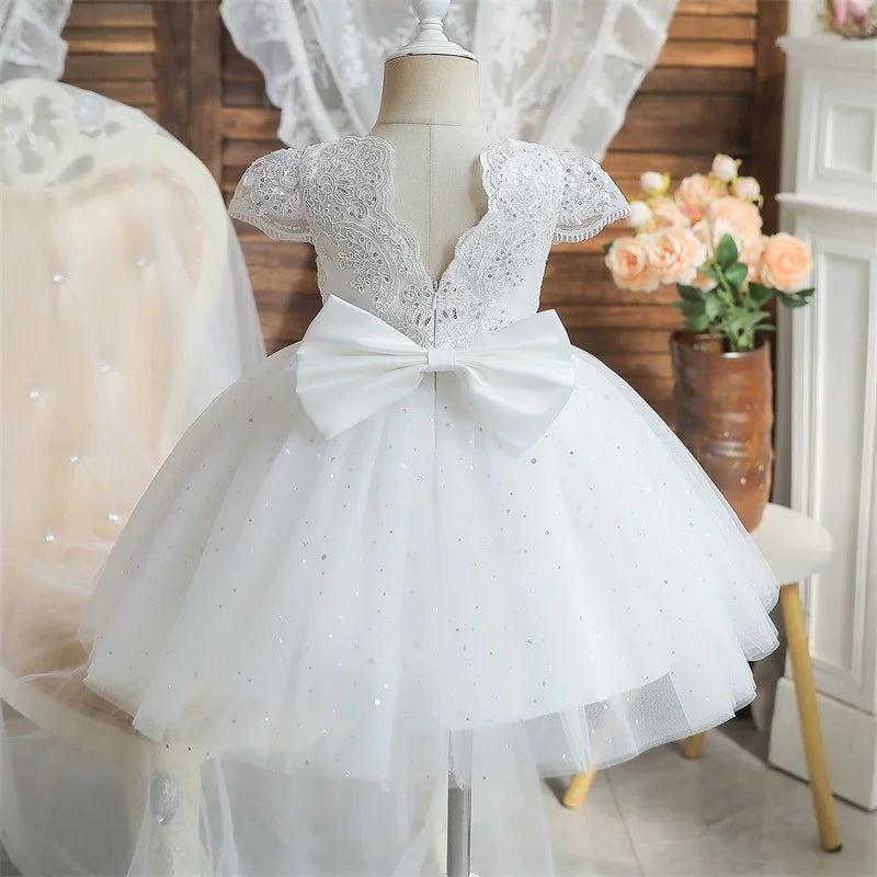 Toddler Girls 1st Birthday Party Dresses Cute Bow Kids Princess Lace Tulle Short Dress Flower Girls Dresses for Wedding 1-5 Year