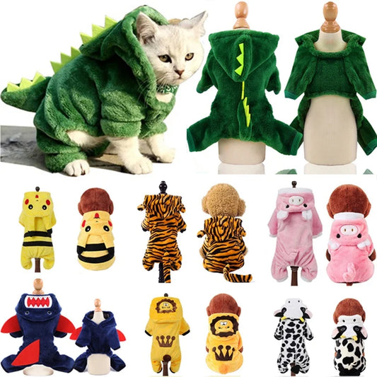 Coral Fleece Cosplay Costume for Pet, Cute Dinosaur, Tiger, Cow, Pet Clothes, Warm Dog Hoodies, Cat Coat, Dogs Costumes, Funny