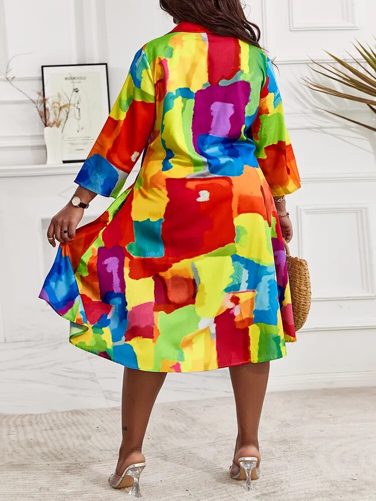 Plus Size Melting Colors All-over Print Flowy Shirt Dress