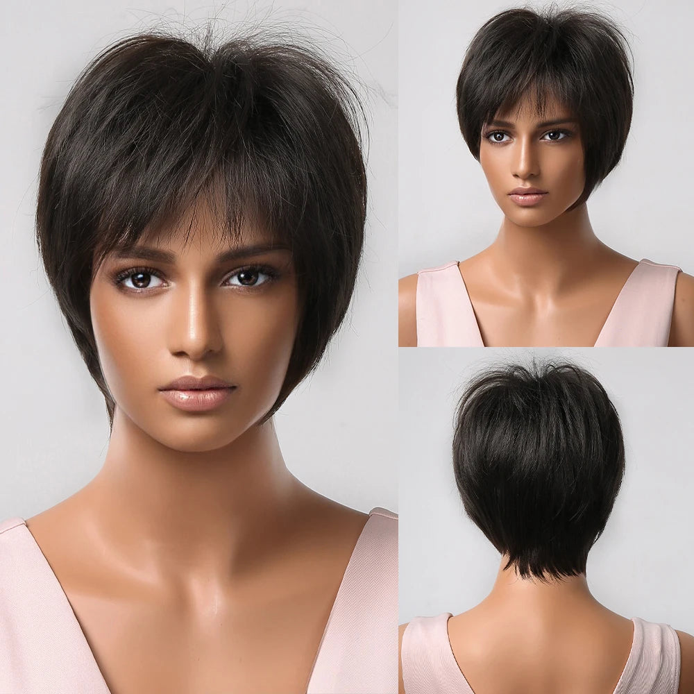 Short Pixie Cut Dark Brown Synthetic Wigs Natural Straight Layered Wig with Fluffy Bangs for Women Daily Heat Resistant Hair