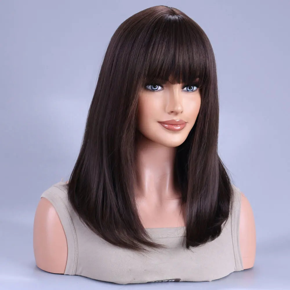 Black Brown Synthetic Wig with Bangs Middle Long Straight Curly Wigs for Women Cosplay Daily Party Heat Resistant Fiber Hair