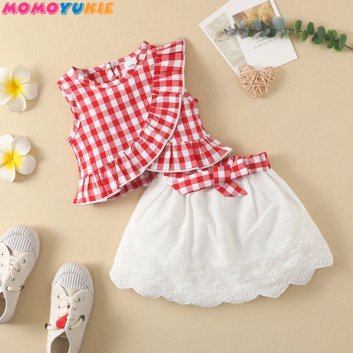 Toddler Baby Girls Clothes Sets ruffless plaid Tops Bow Skirts lace 2pcs