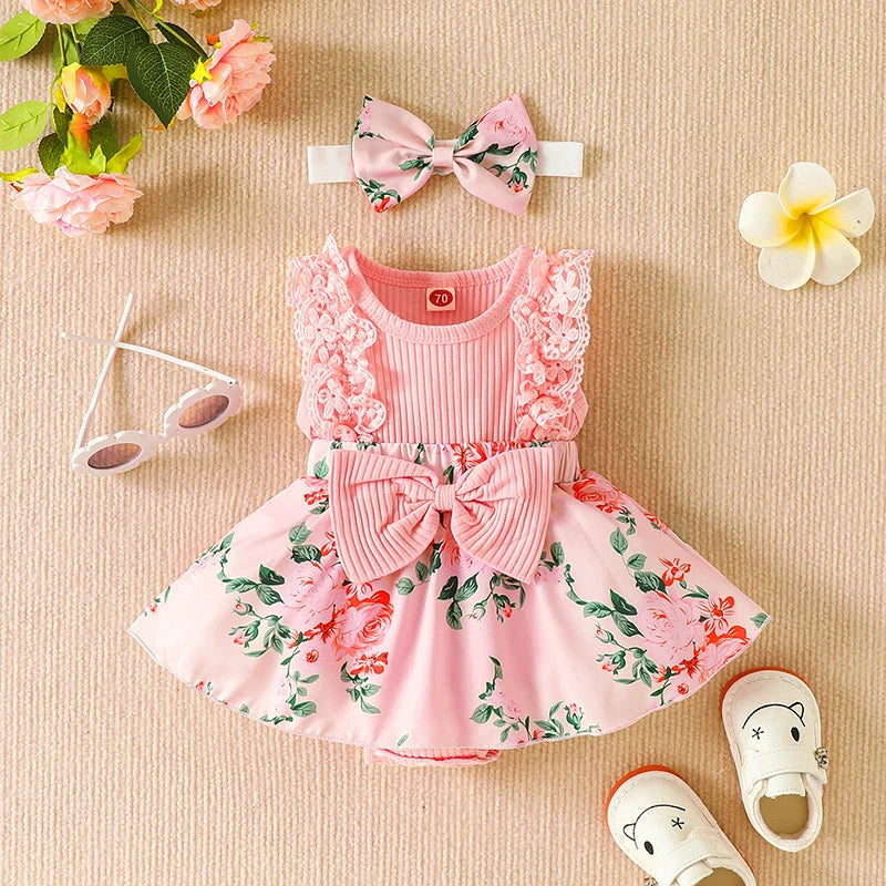 Girls Romper Dress Flower Print Lace Long Bowknot Jumpsuit