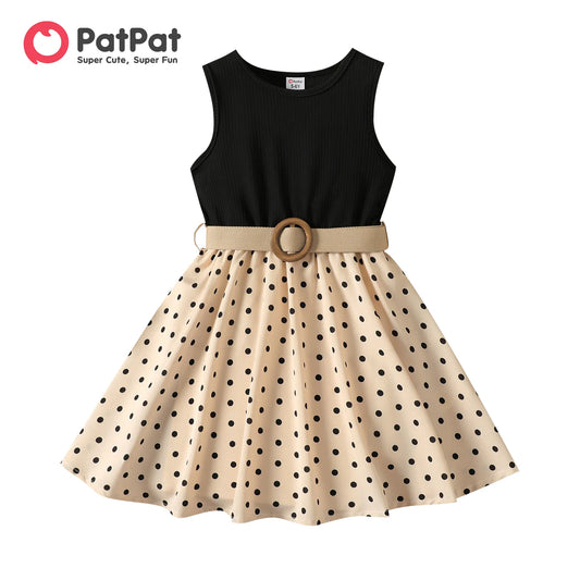 Girl Dresses Kids Clothes Girl Polka Dots Ribbed Girls Splice Sleeveless Dress & Belt