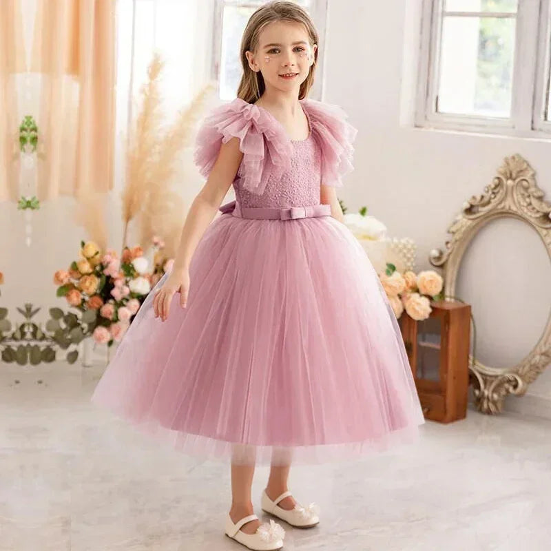 Ruffles Elegant Wedding Party Dress for Kids Girl Lace Flower Princess Dress for Girls Birthday Party Gown Holiday Kid's Dress