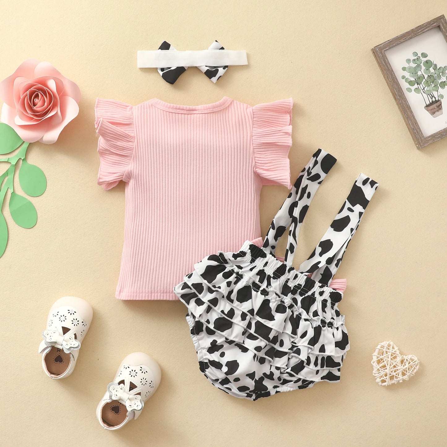 Infant Baby Girls Three Pieces Clothes Outfit, Round Neck Fly Sleeve Tops + Milk Cow Printed Suspender Shorts + Headband