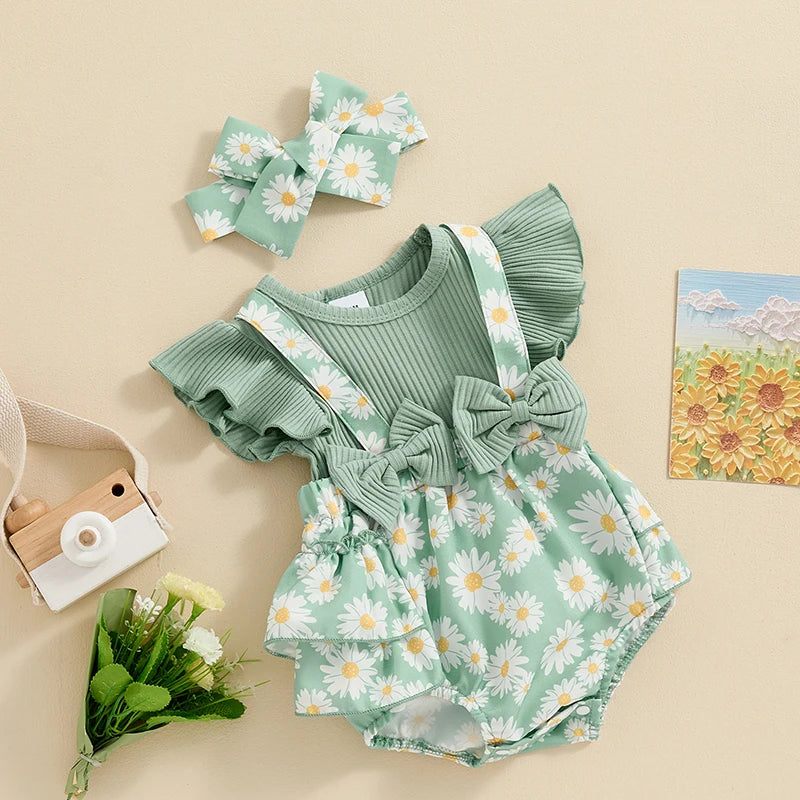 Baby Clothing Girls Hairband Flower Print Bow Patchwork Romper Jumpsuit Summer Newborn Clothes 0-18M