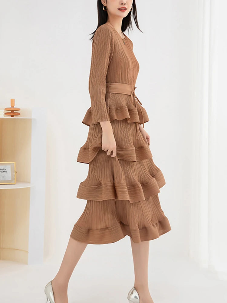 Women Pleated Mid Dress Solid Color Ruffles Party Wedding