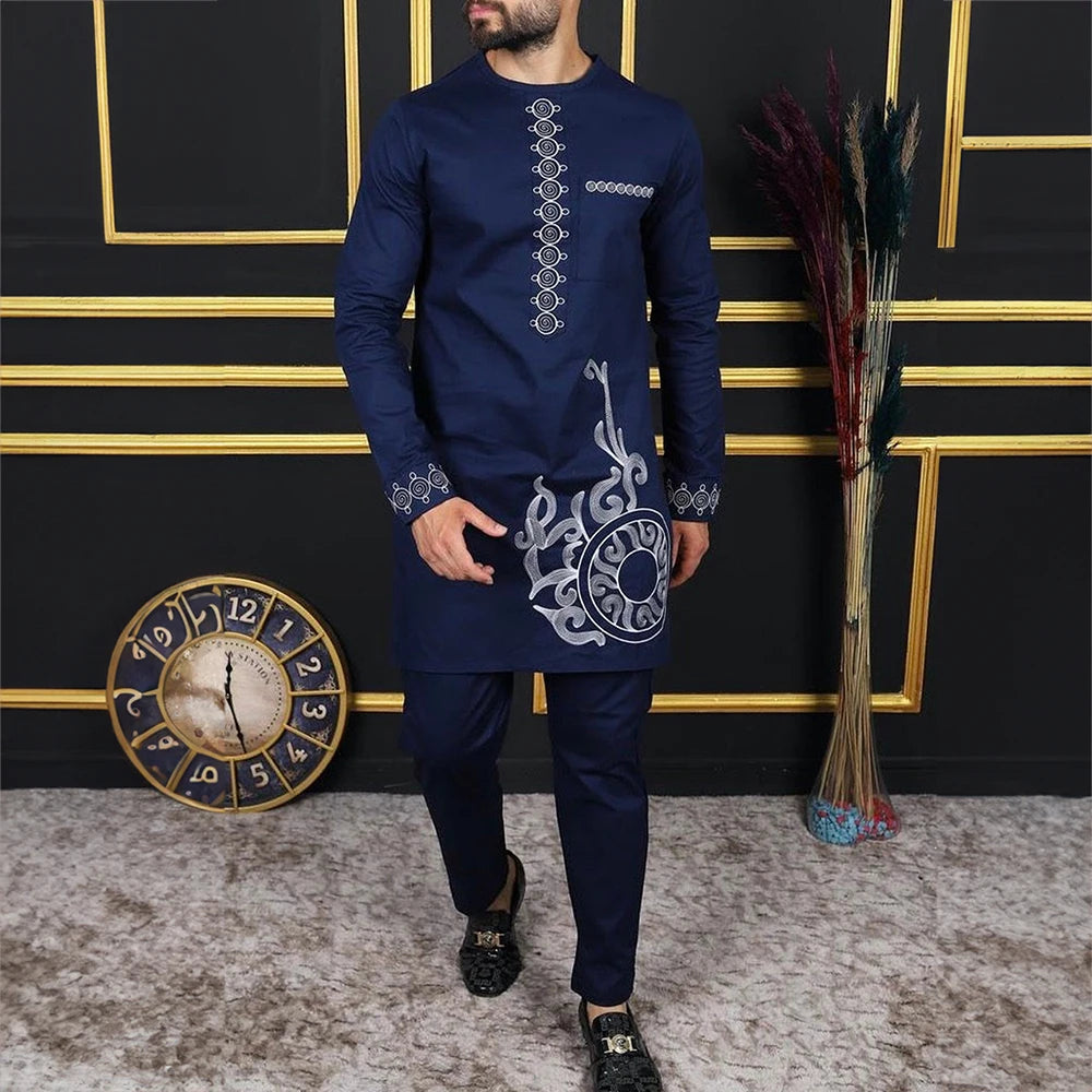 Men's Elegant Long Sleeve Suit Shirt Pants 2-piece Solid Color Party Long Sleeve African Ethnic Style-men suit-Top Super Deals-Blue-M-Free Item Online