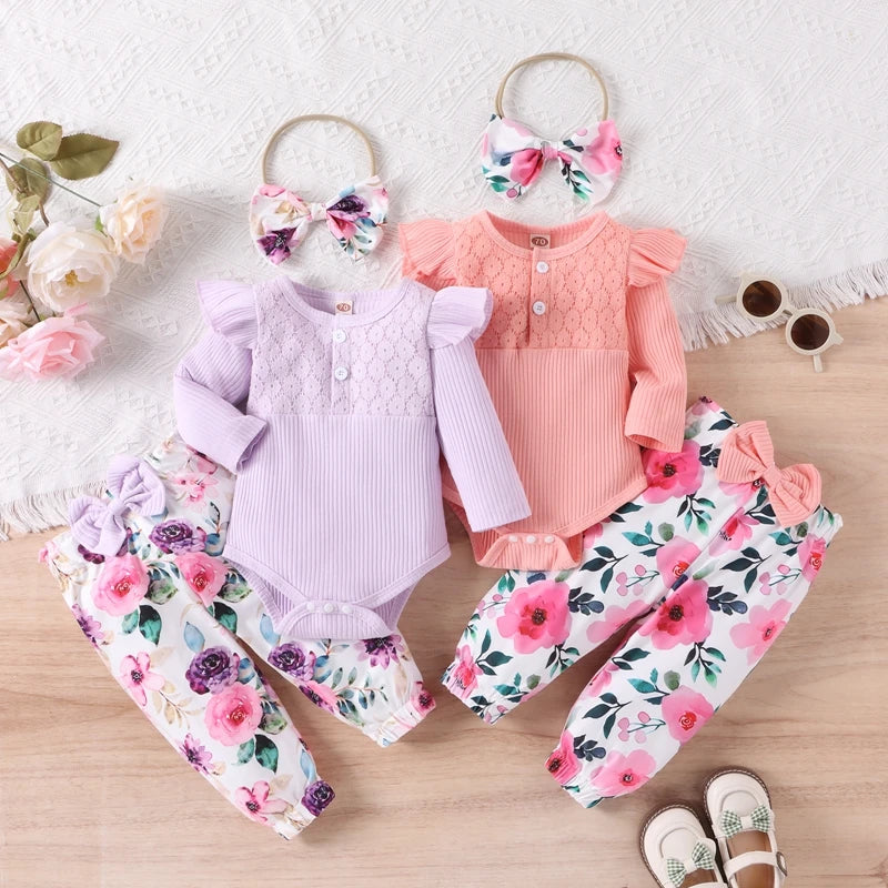 Baby Girl Fall Outfits Floral Lace Rib Knit Ruffle Long Sleeve Rompers Flower Print Pants Bow Headband 3Pcs Clothes Set