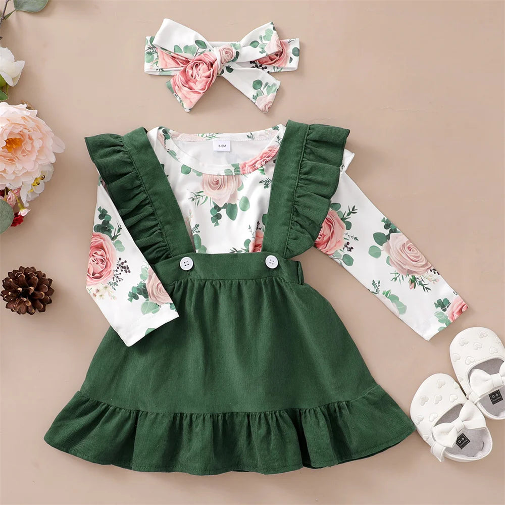 Baby Girl 3PCS Clothes Set Floral Long Sleeve Top Dress Autumn Outfit