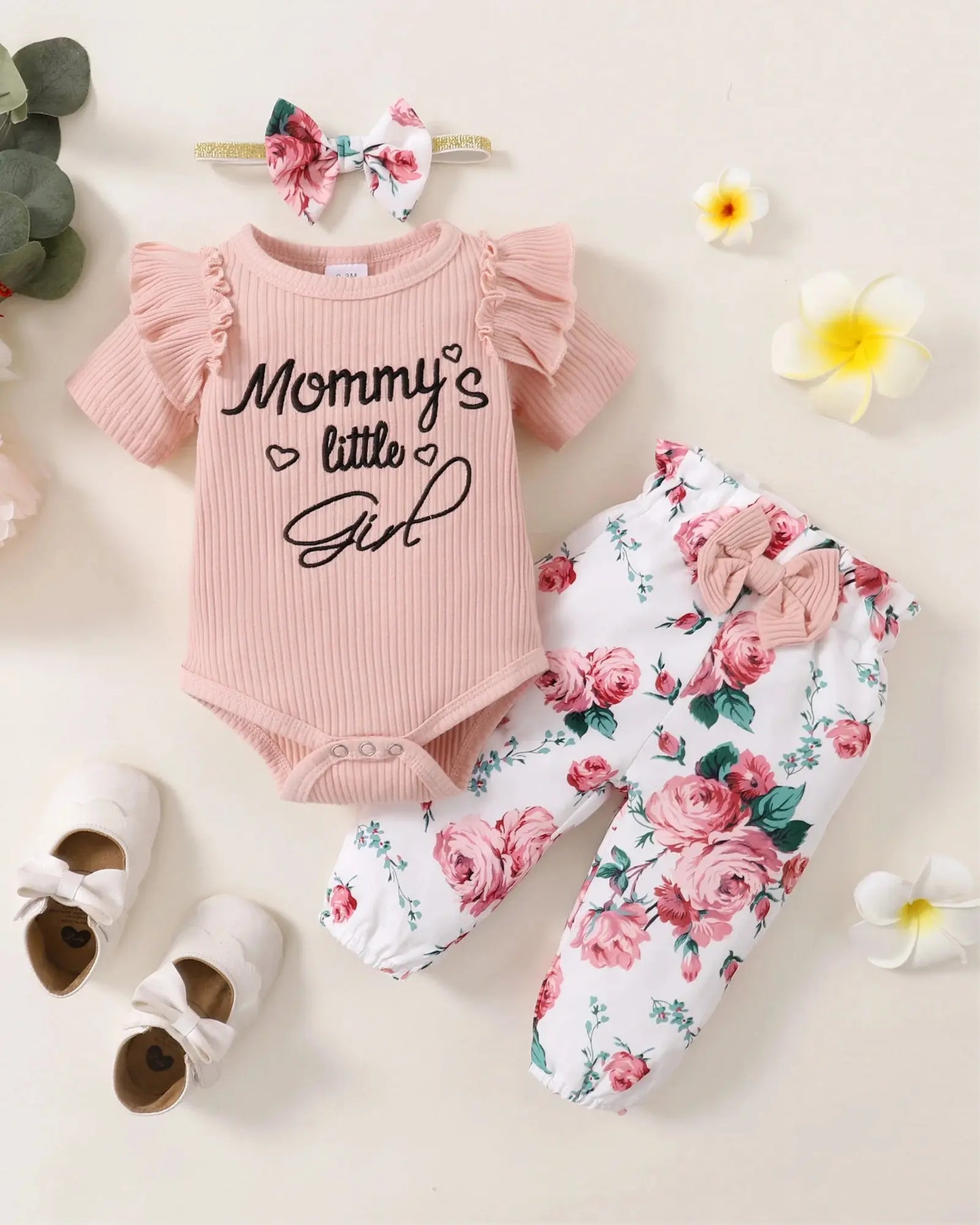 Newborn Baby Girl 3PCS Clothes Set Mommy's Little Girl Short Sleeve Romper+Flowers Pant+Headband Summer Outfit for 0-18 Months