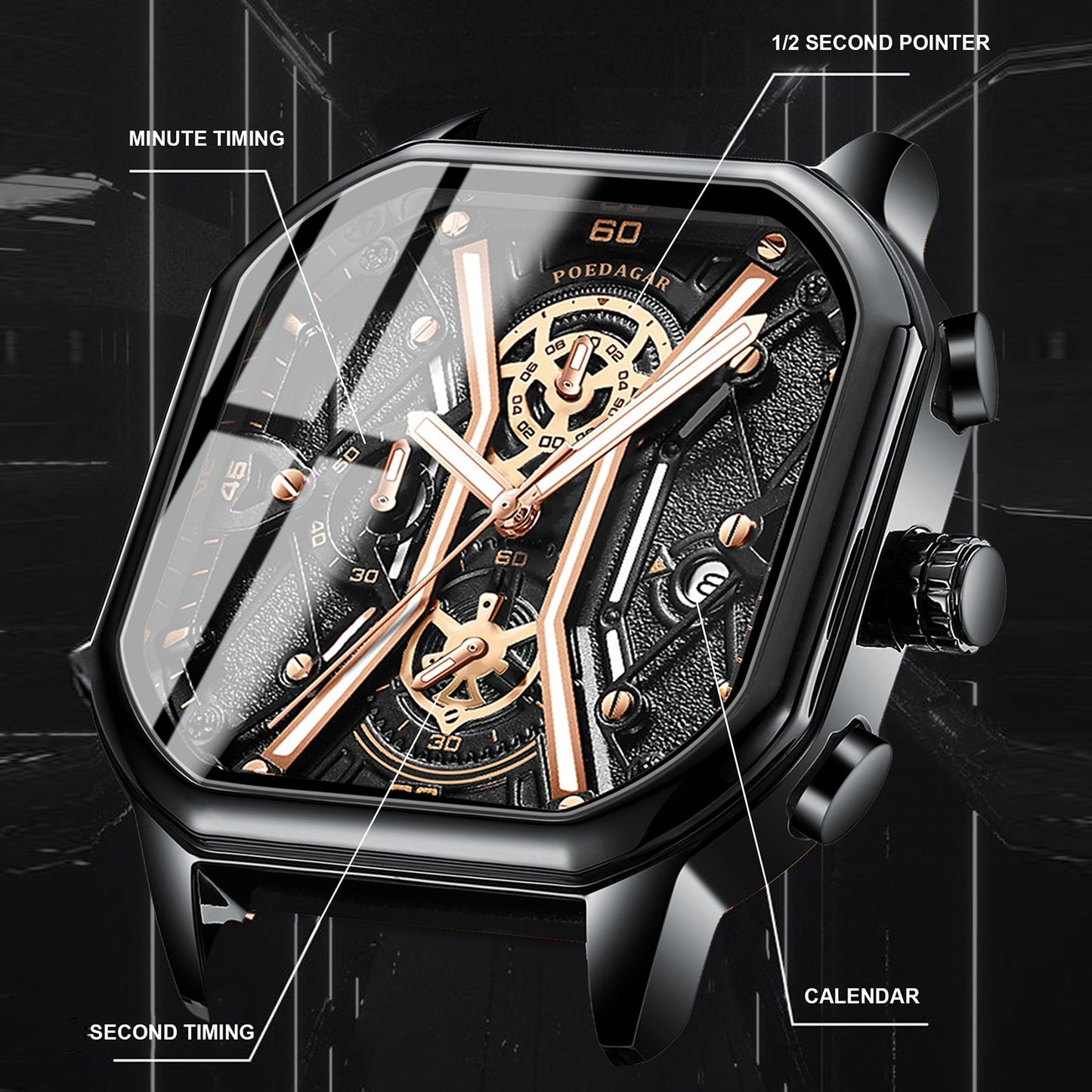 BeniSap Fashion Men Wristwatches Luxury Chronograph Luminous Waterproof Date Man Watch Square