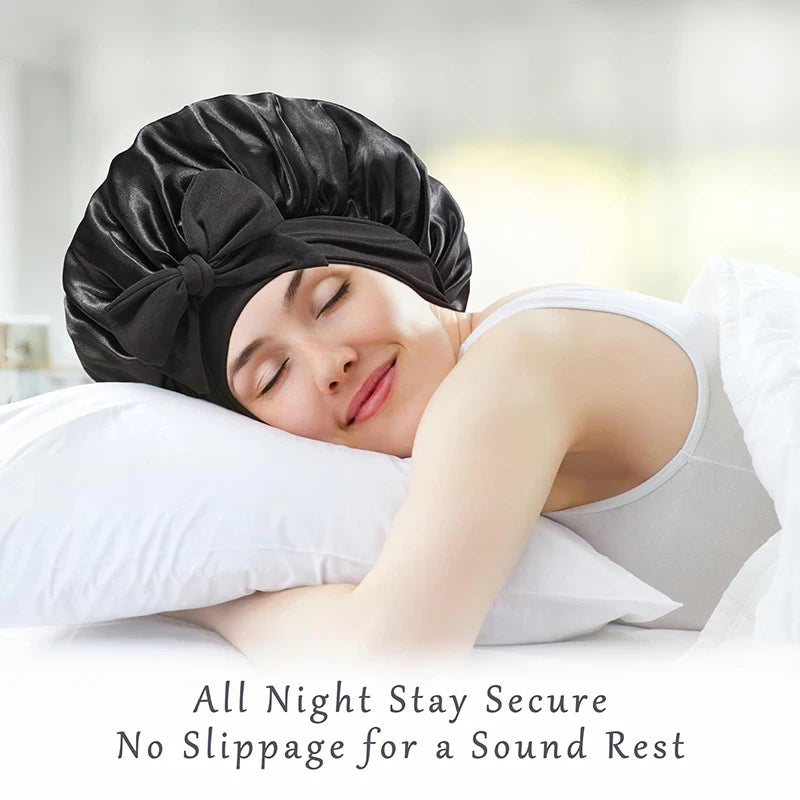 Satin Solid Sleeping Hat with Stretchy Tie Band Elastic Night Shower Cap Adjustable Hair Head Cover Bonnet turban