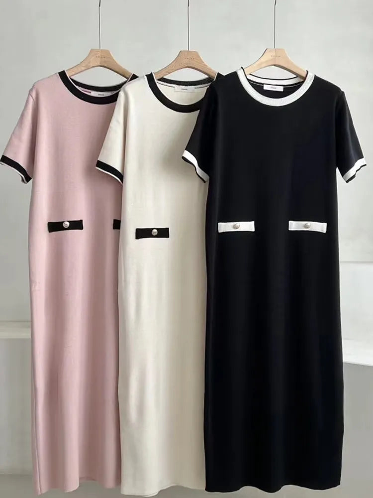 French Style Knit Dress Women O-neck Contrast Color Short Sleeve Casual Midi Long Dresses