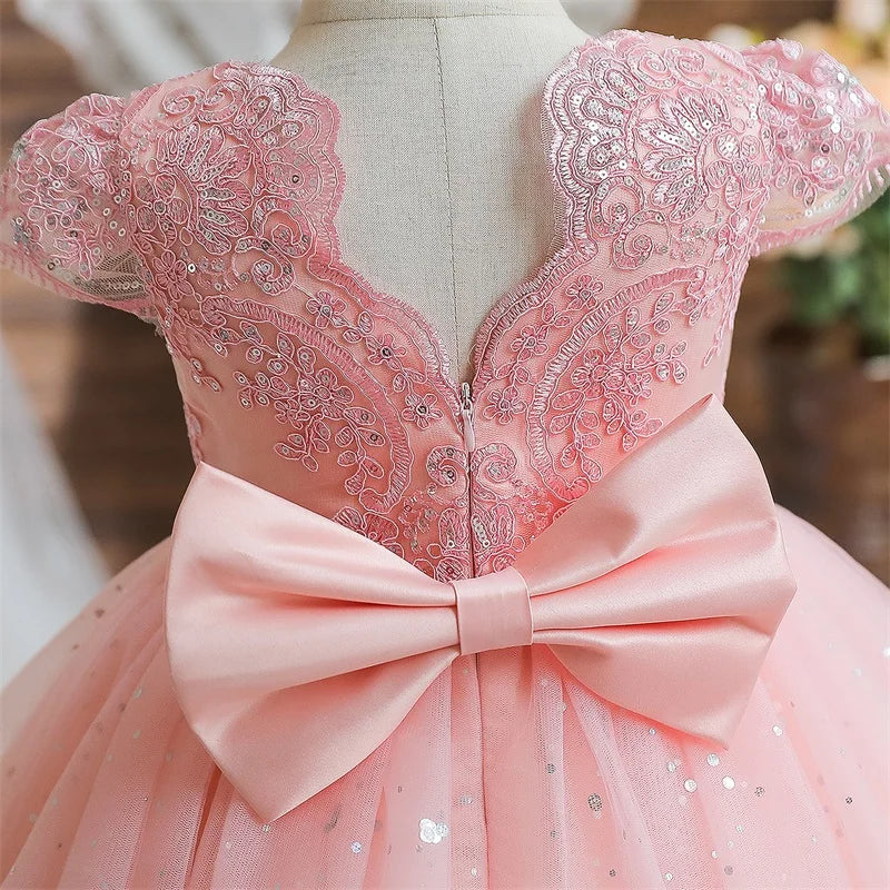 Toddler Girls 1st Birthday Party Dresses Cute Bow Kids Princess Lace Tulle Short Dress Flower Girls Dresses for Wedding 1-5 Year