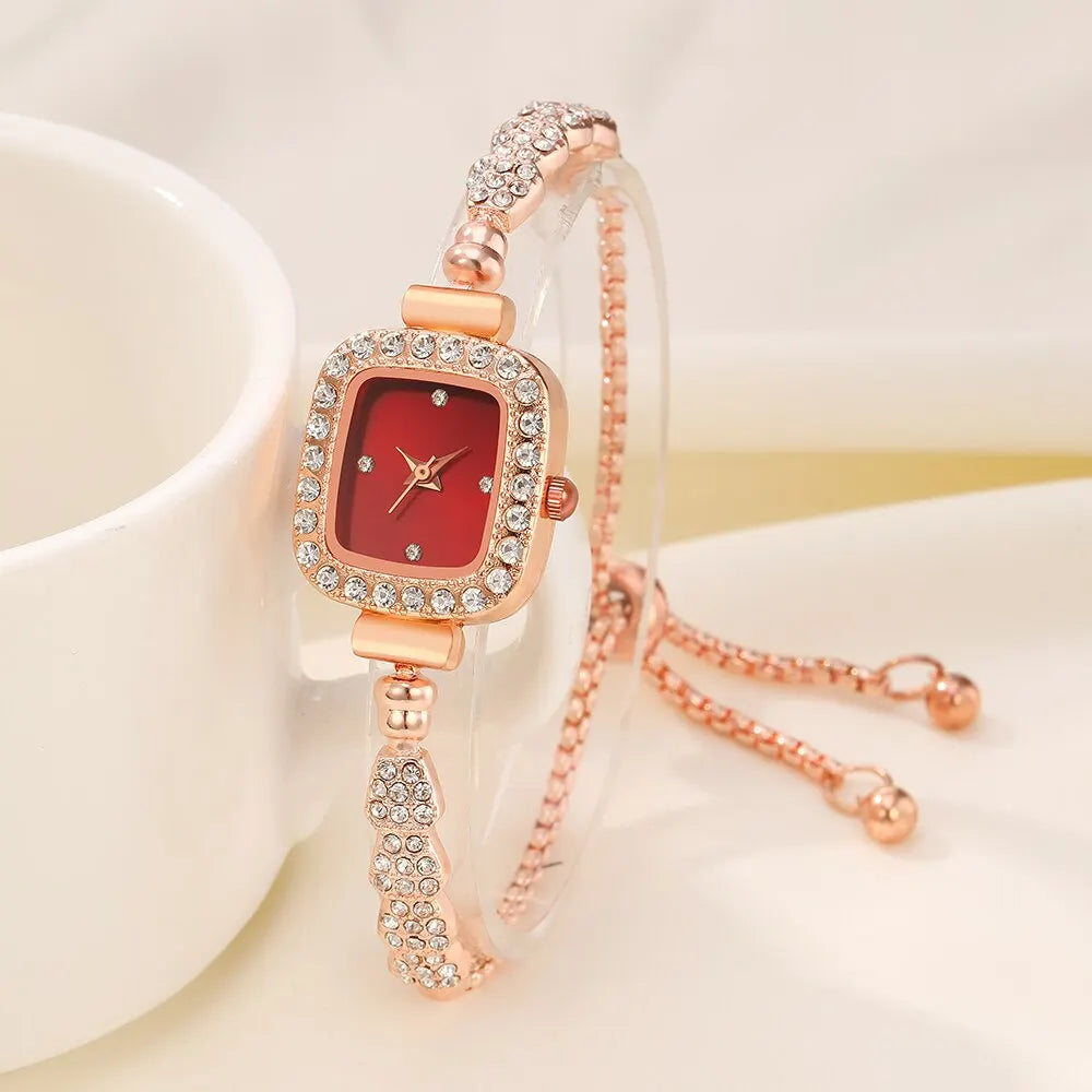 5PCS Set Luxury Square Watch Women Ring Necklace Earring No Box Included