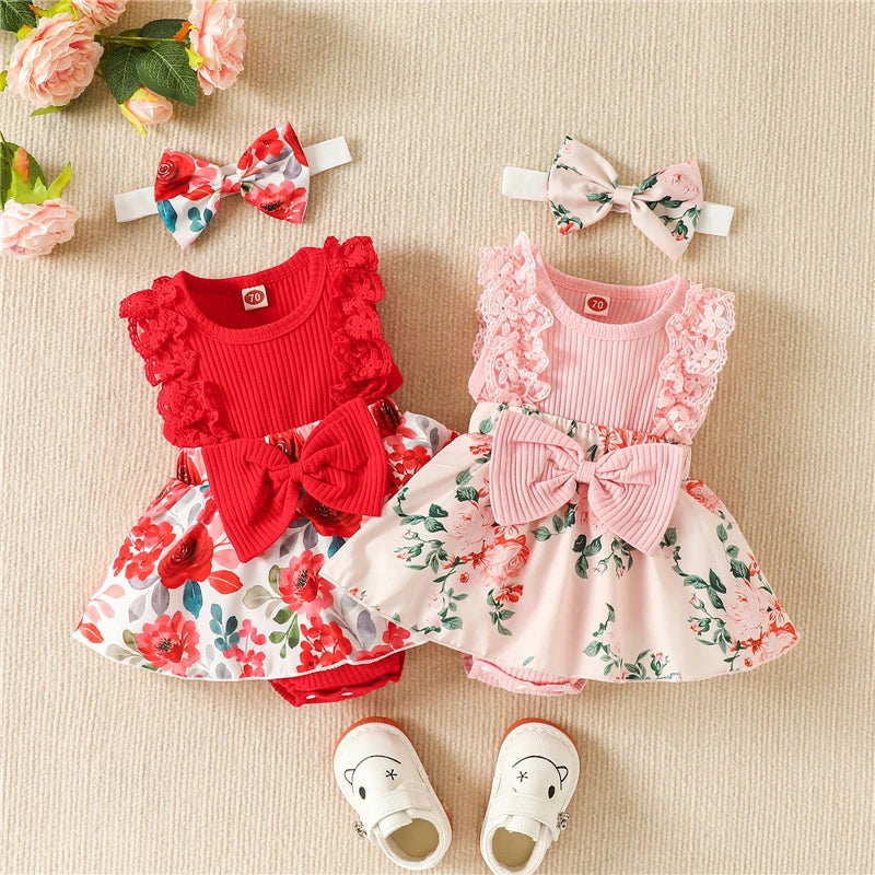 Girls Romper Dress Flower Print Lace Long Bowknot Jumpsuit