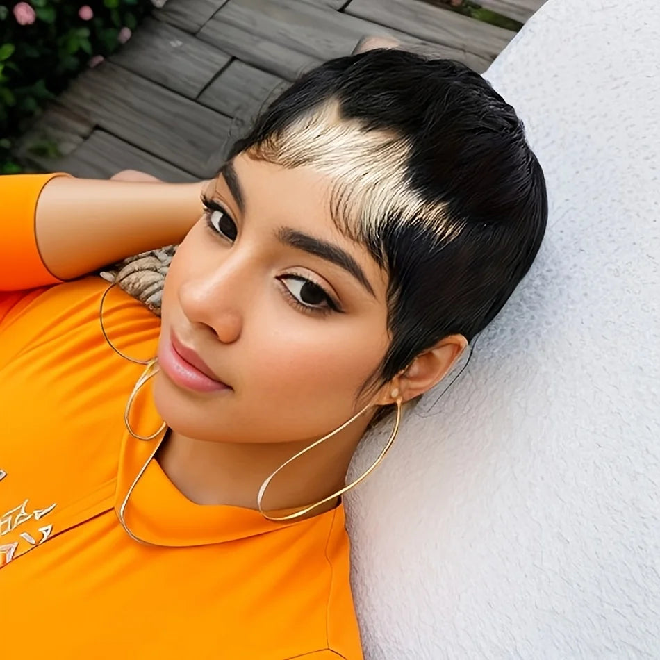 6inch Short Pixie Cut Human Hair Wigs for Women Vibrant Colorful Natural Look Lightweight Layered Bangs Machine Made Wigs