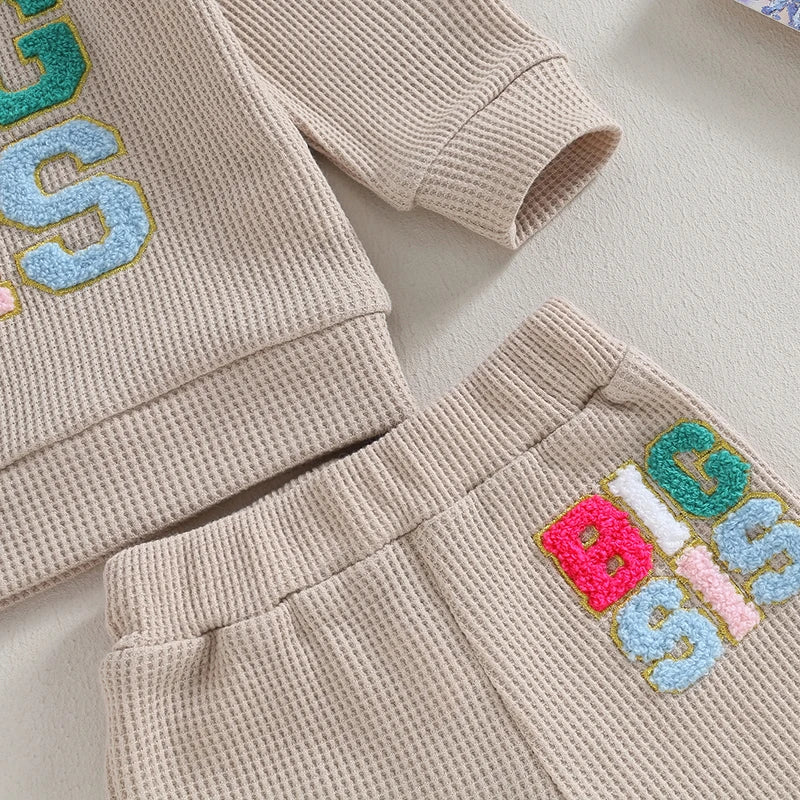 Toddler Girls Clothes Suit Long Sleeve Fuzzy Letter Embroidery Waffle Sweatshirt Tops Trousers 2pcs Casual Clothes Sets