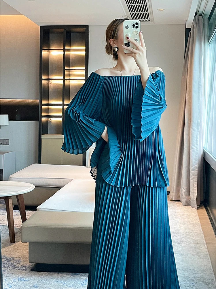 Elegant Pleated Set Women Loose Flare Sleeves Fold Blouse Wide Leg Pants