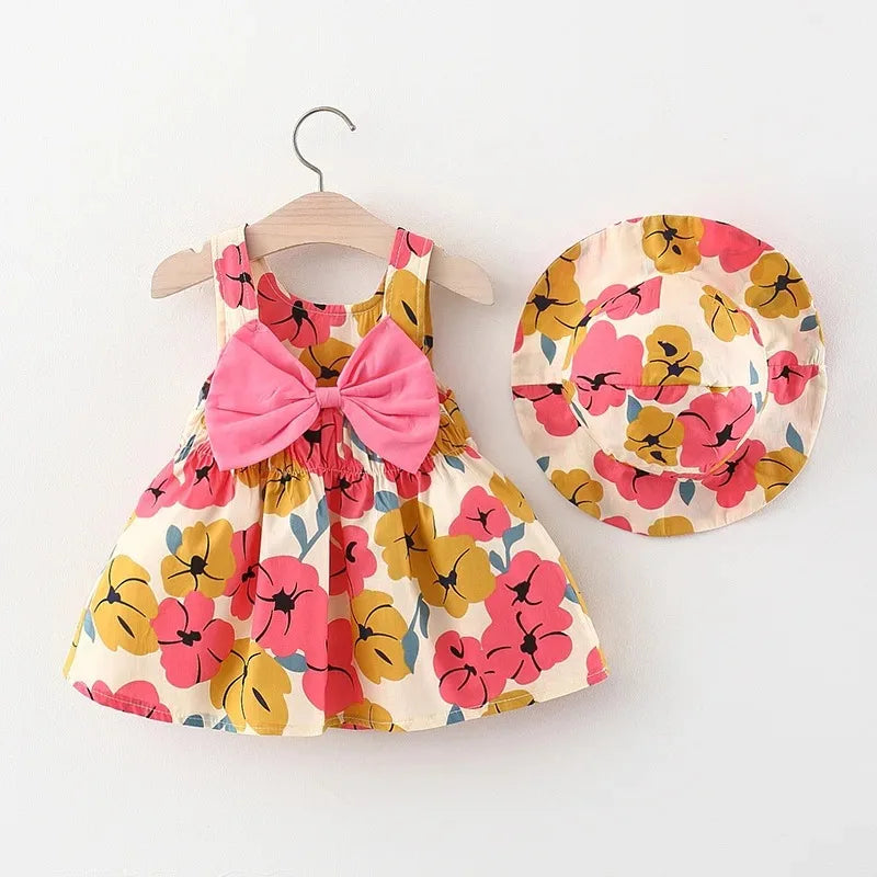 2pcs Summer Baby Girls Beach Princess Dress Cute Bow Flowers Sleeveless Cotton Toddler Dresses+Sunhat Newborn Clothing Set