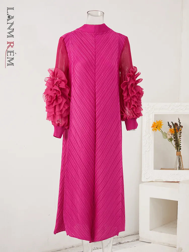 Maxi Pleated Dress Round Neck Spliced Full Sleeve Dresses For Women