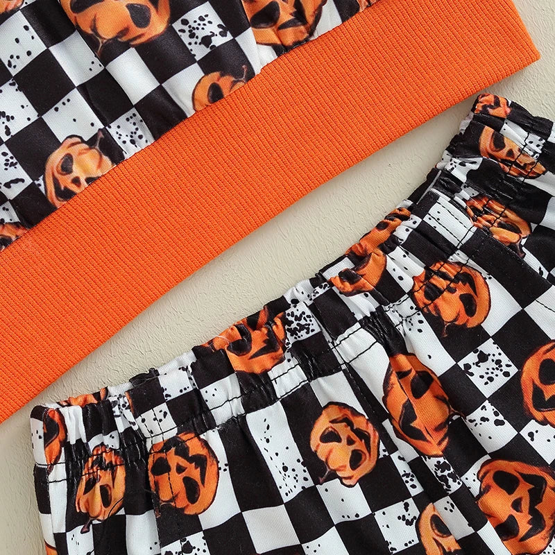 Toddler Baby Boy Clothes Halloween Pumpkin Checkerboard Print Long Sleeve Pullover Elastic Waist Pants 2Pcs Outfit