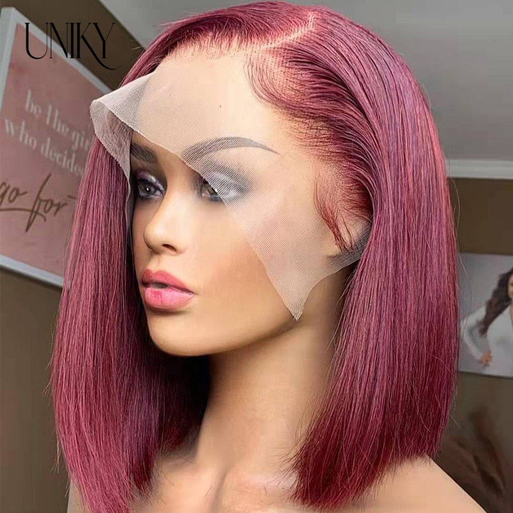 Straight Short Bob Human Hair Wig For Women Blunt Cut Bone Straight Lace Frontal Wigs Burgundy 99J Lace Front Bob Wig Straight
