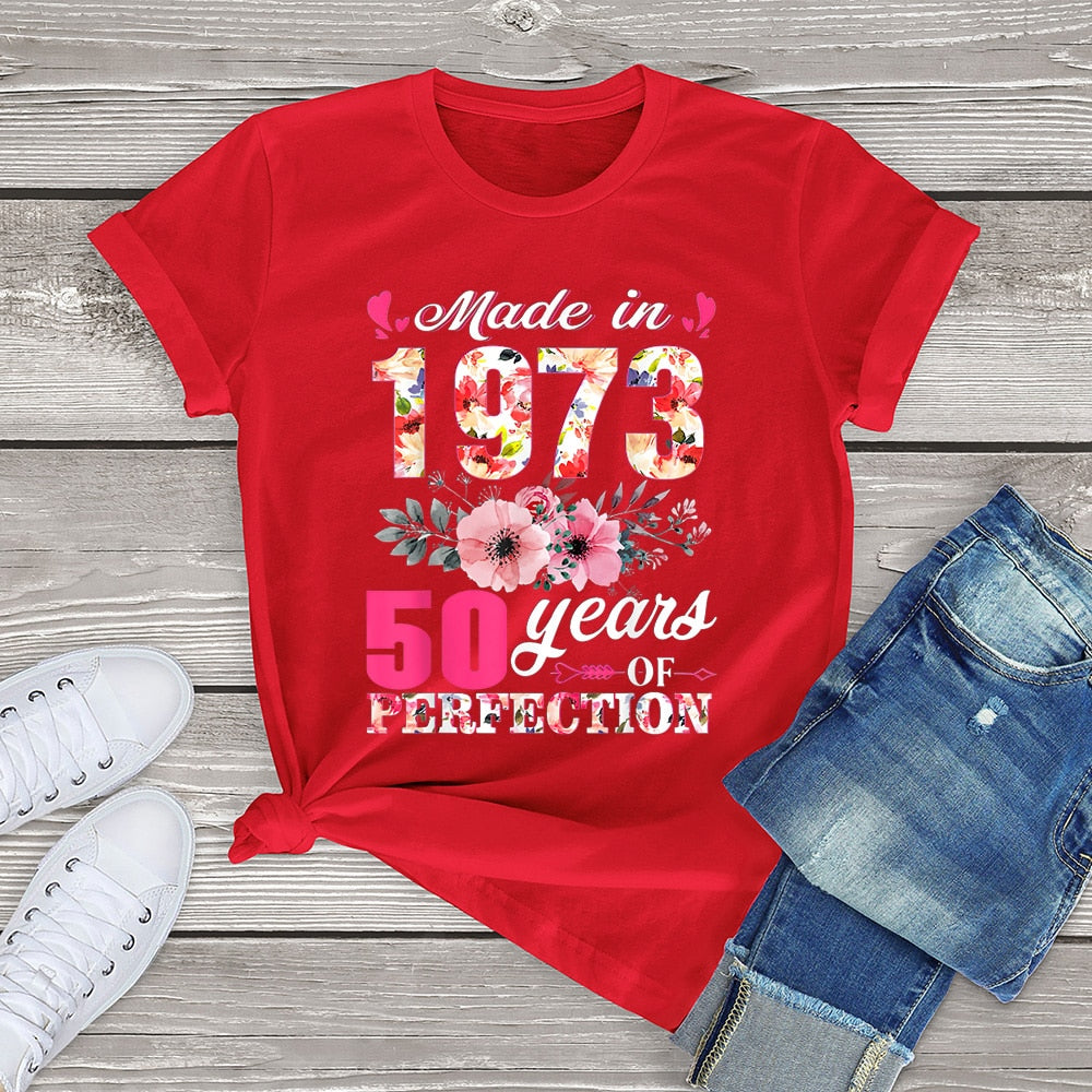 Born In 1973 Floral 50 Years Old Birthday Women T-Shirt Printed Top Unisex Casual Tee Streetwear