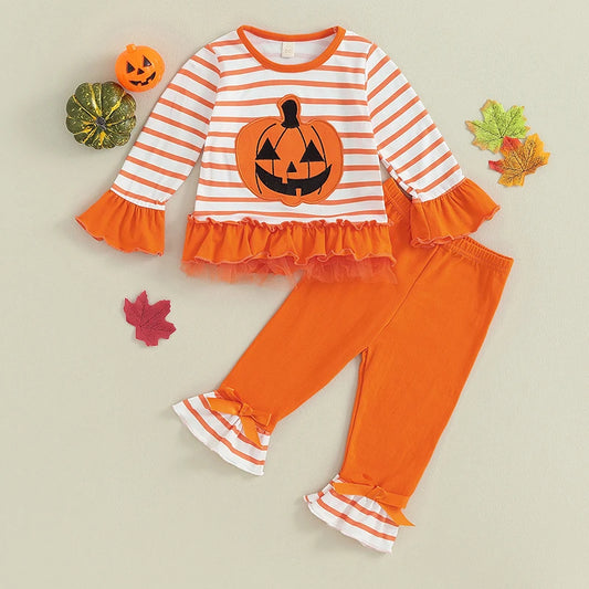 Girls Halloween Outfits Striped Pumpkin Print