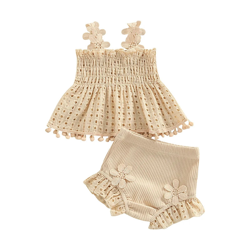 Girls Summer Outfit Pleated Tank Tops and Stretch Ruffle Shorts