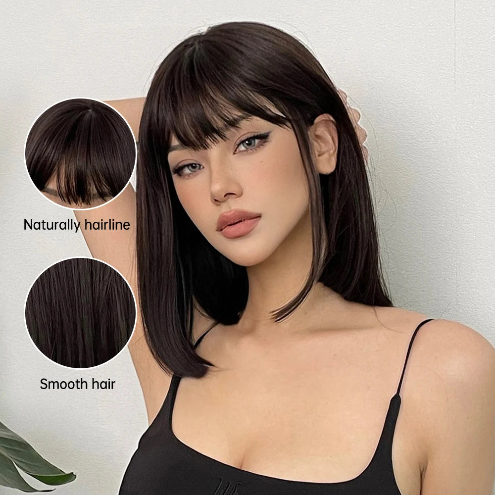 Short Black Brown Synthetic Natural Hair Wigs for Women Bob Straight Wig with Bangs High Temperature Daily Cosplay Party Wigs