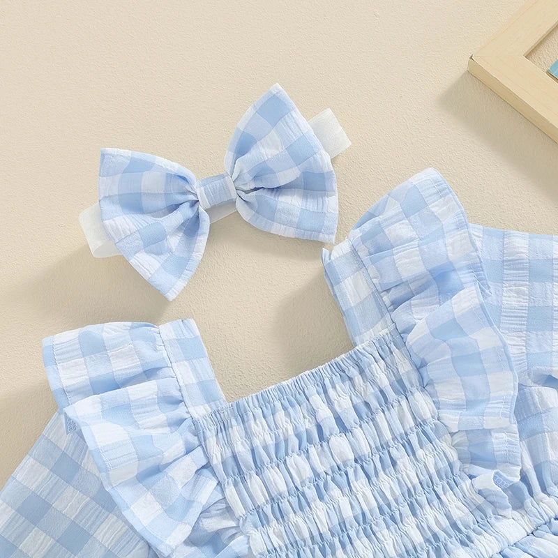 Plaid Romper Dress 3D Bow Headband Infant Toddler Summer Clothes