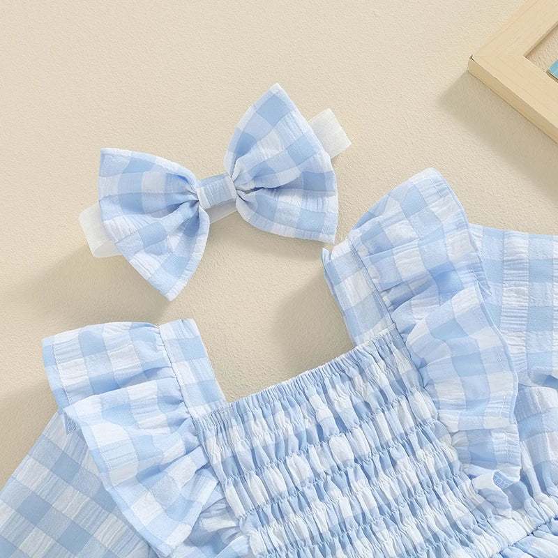 Pudcoco Baby Girls 2Pcs Set Square Neck Short Sleeve Frill Trim Plaid Romper Dress 3D Bow Headband Infant Toddler Summer Clothes