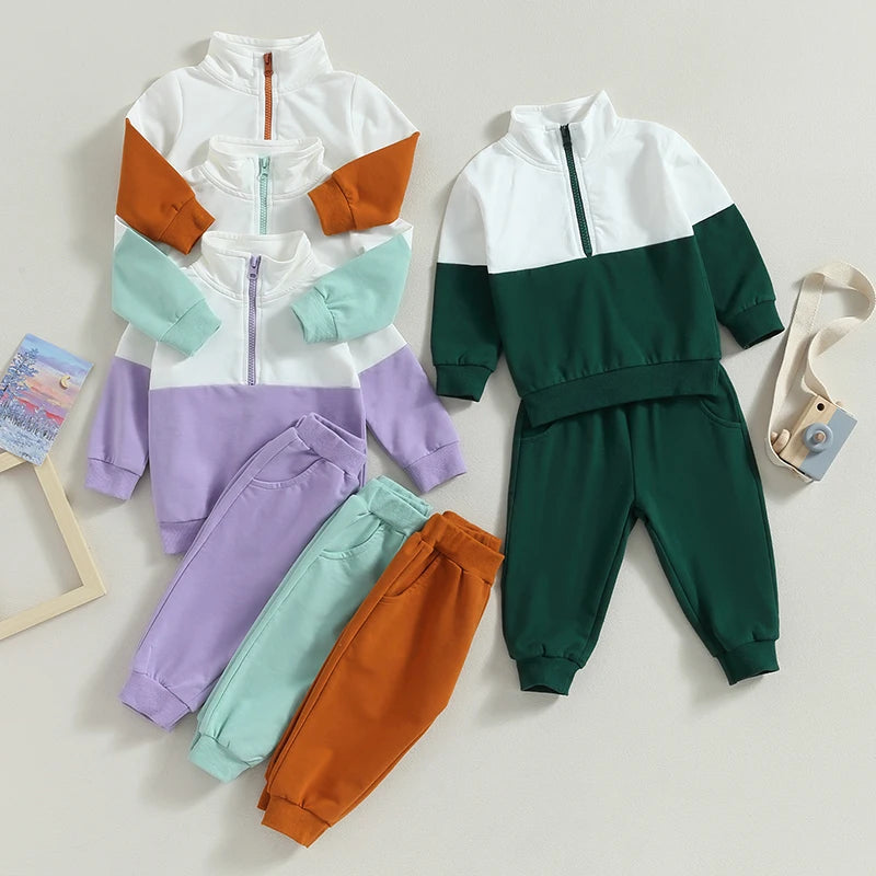 Toddler Girl Boy Fall Clothes Contrast Color Long Sleeve Half Zipper Sweatshirt Tops Elastic Waist Pants 2Pcs Tracksuit Outfit