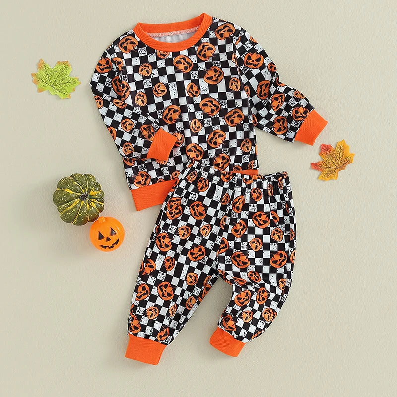 Toddler Baby Boy Clothes Halloween Pumpkin Checkerboard Print Long Sleeve Pullover Elastic Waist Pants 2Pcs Outfit