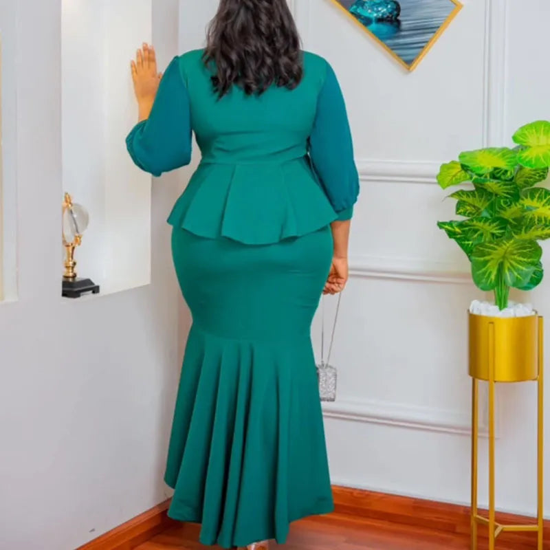 Green Dress Women Long Sleeve 2 Pieces Top With Skirt Matching Sets