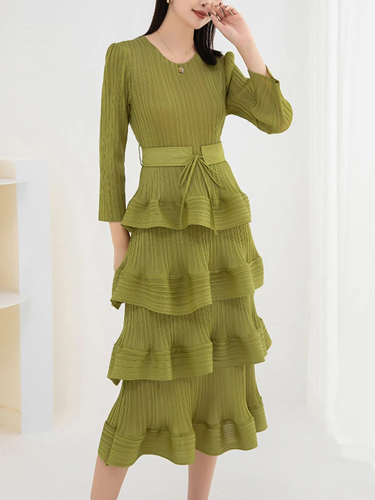 Women Pleated Mid Dress Solid Color Ruffles Party Wedding