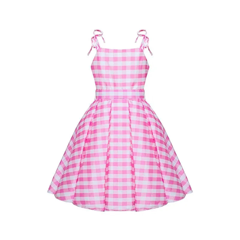 Girl Halter Plaid Pink Princess Pompadour Dress Up Dress Bow Dress Halloween Costume For Kids Birthday Gift