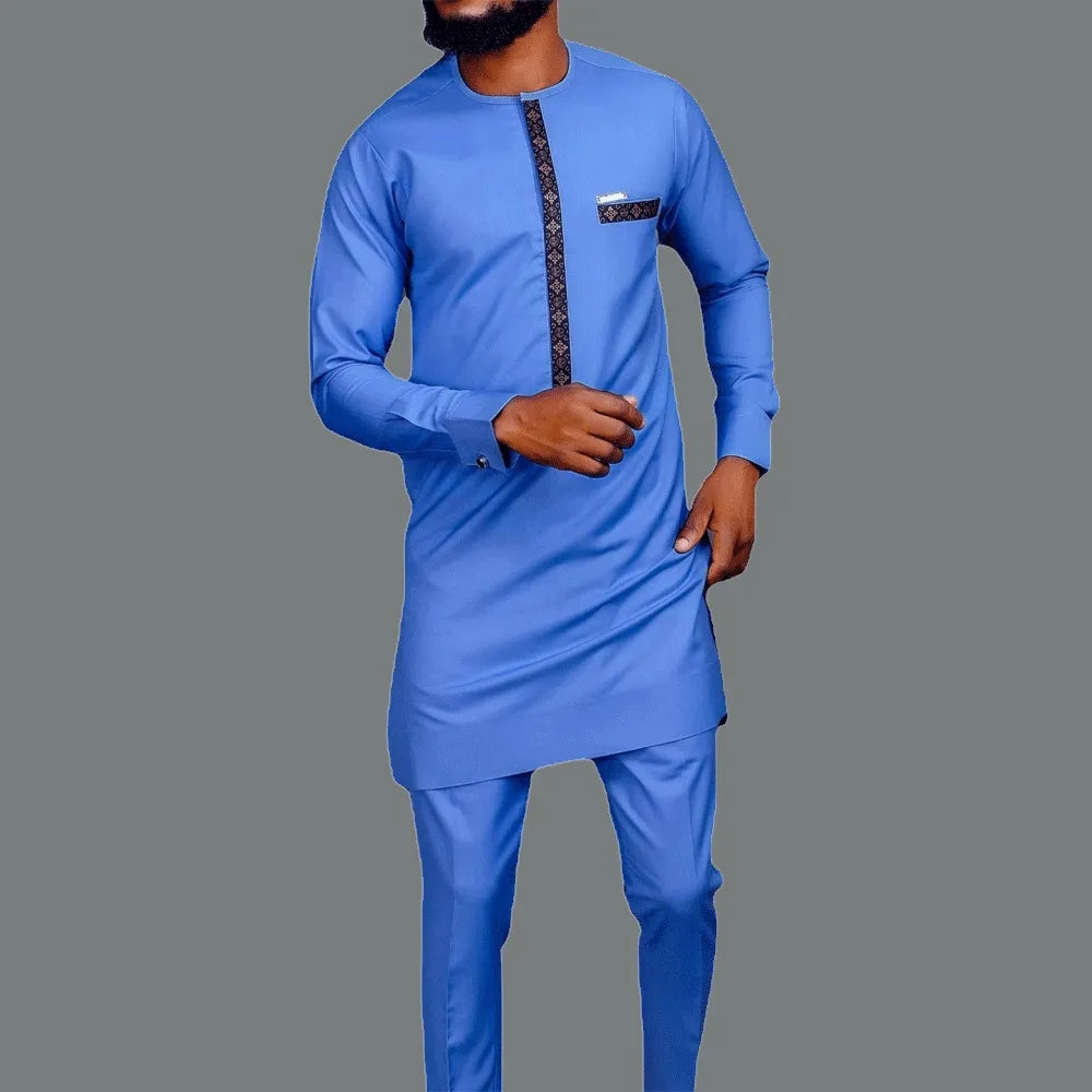 Men's Elegant Long Sleeve Suit Shirt Pants 2-piece Solid Color Party Long Sleeve African Ethnic Style-men suit-Top Super Deals-As Picture 16-M-Free Item Online