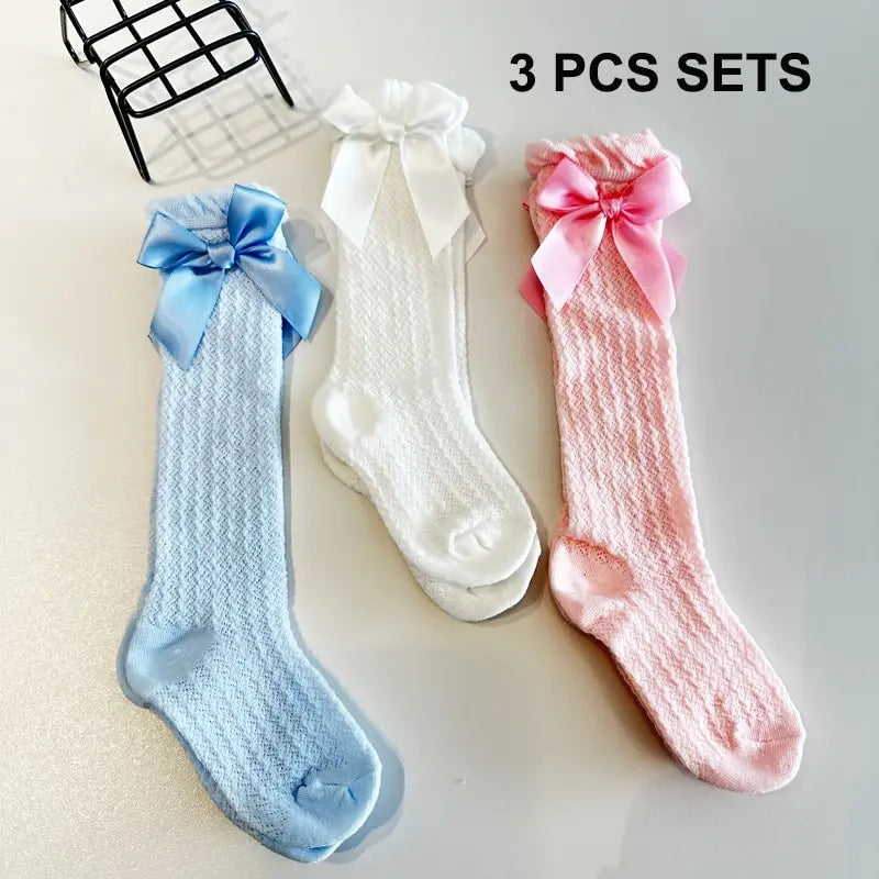 3 Pairs White Pink and Blue Baby Hot Sales Summer Hose Tube Bow Anti Mosquito Knee Socks